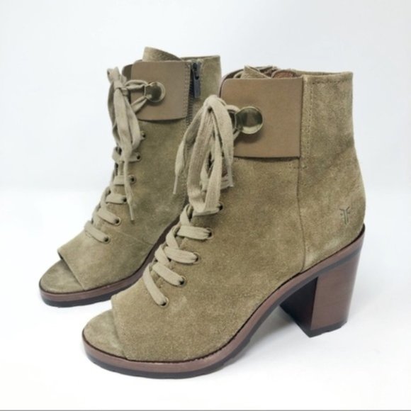 FRYE Booties Lace Up Combat Ankle Boots Heels Danica Peep Toe Olive Green New 6 - Picture 7 of 8